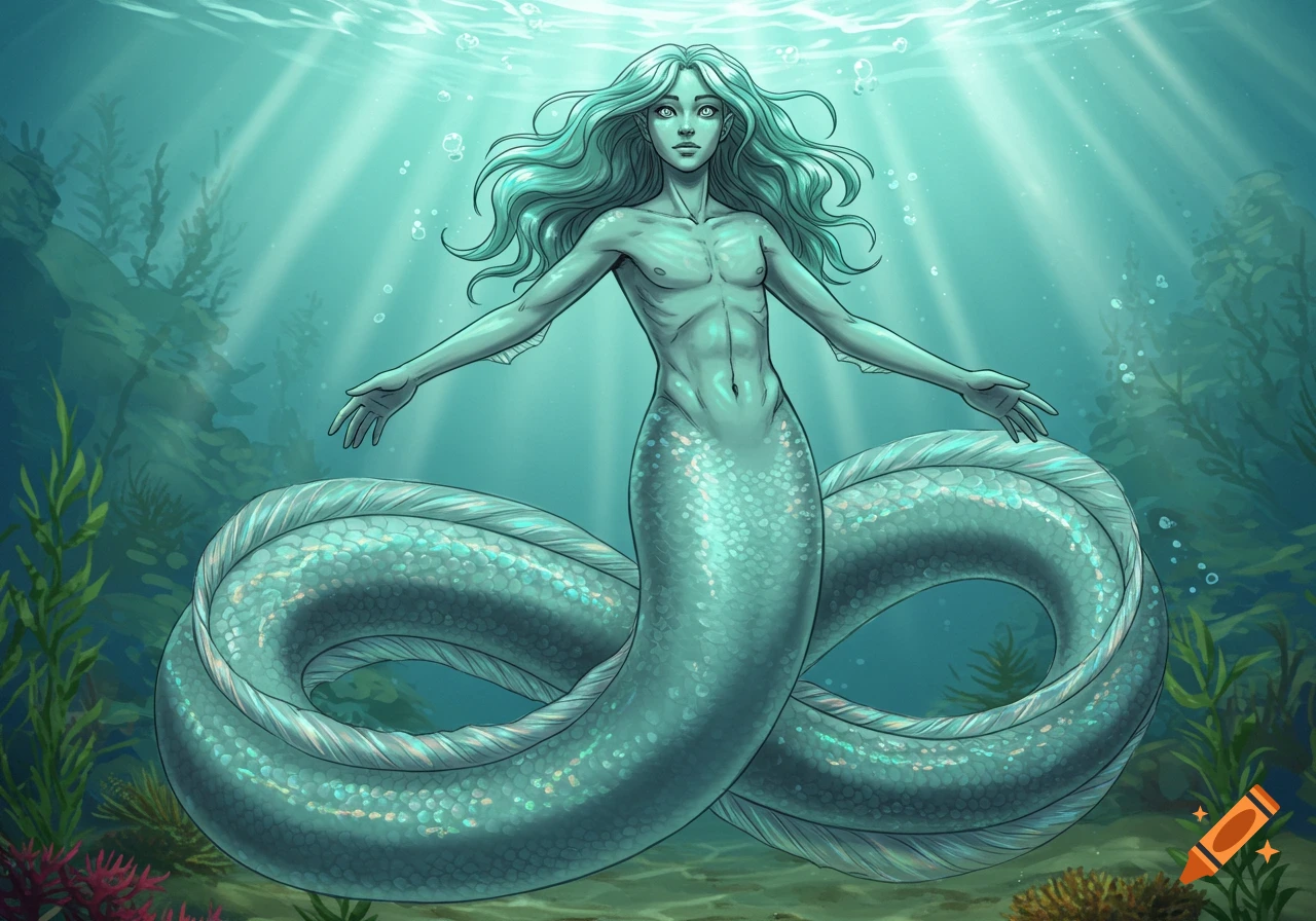A detailed drawing of an eel person, male, with a human torso and long hair, swimming underwater with sunlight rays and plants.