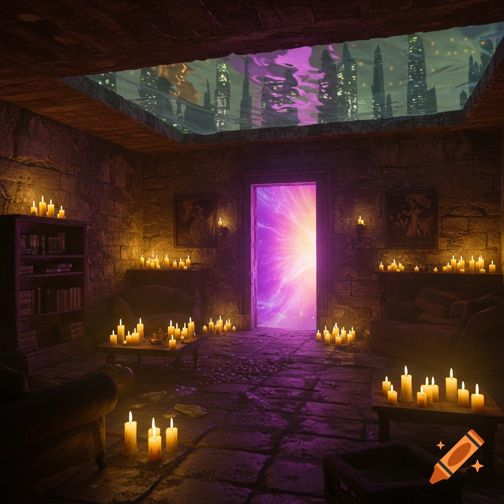 A dark, candlelit stone room with a glowing purple portal in the doorway and a ceiling window revealing a blurry underwater city skyline.