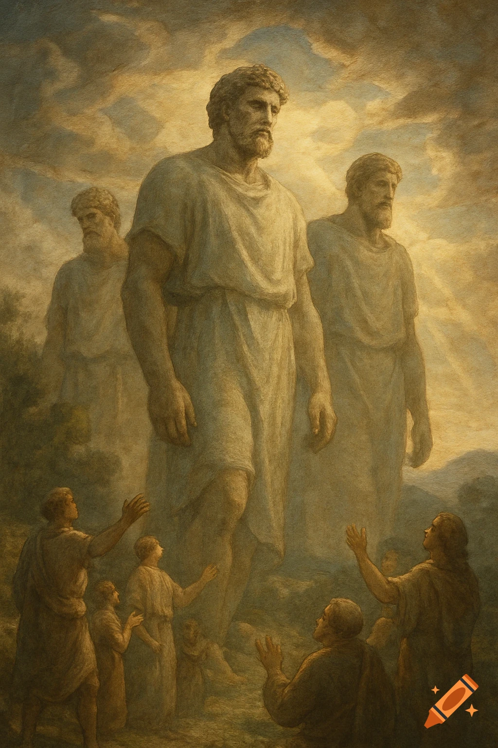 A painting depicts three colossal robed men standing over smaller figures looking up, in a dramatic, light-filled, ancient-style landscape.