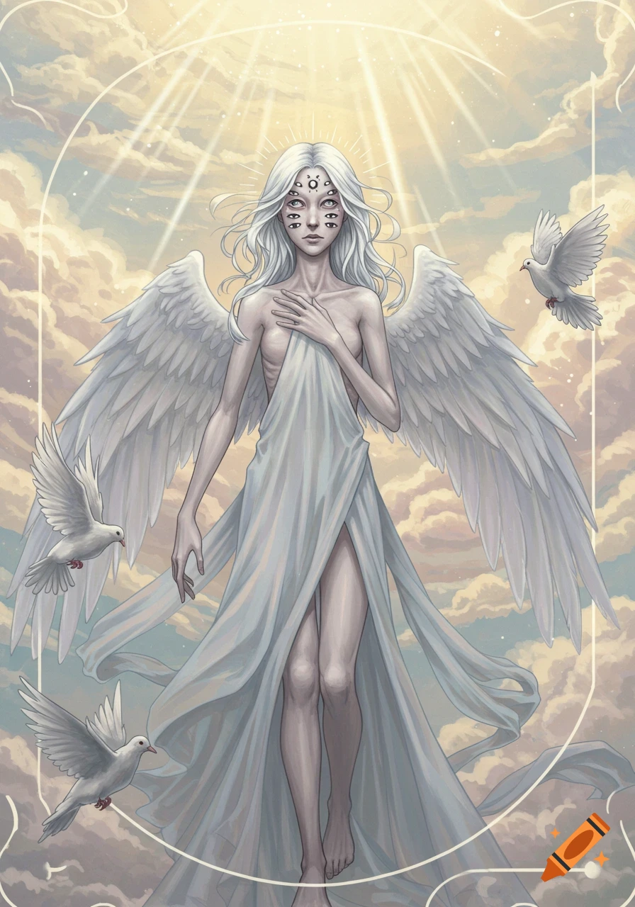 Anime illustration of a multi-eyed, thin angelic woman with white hair and wings, draped in cloth, amidst clouds with doves.