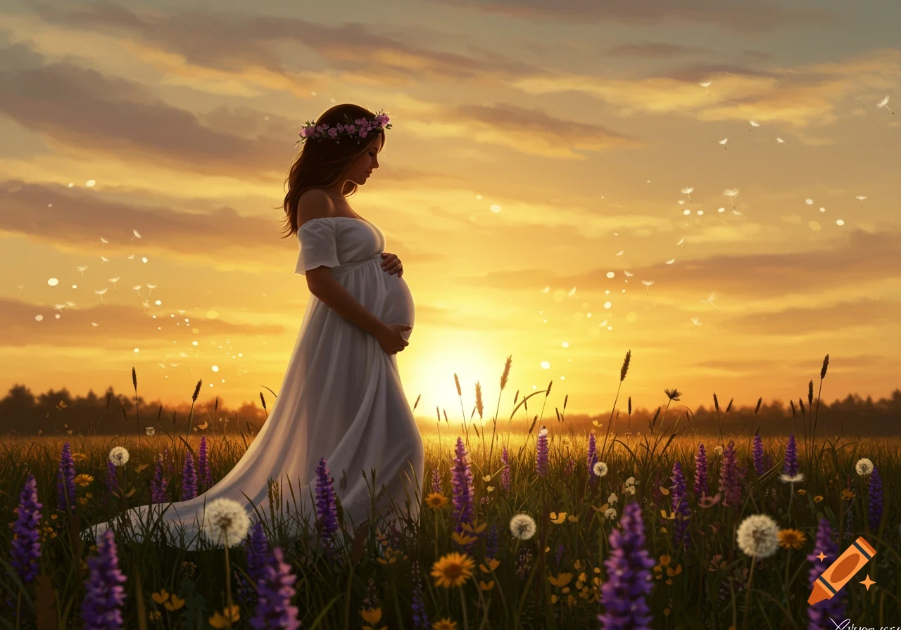 A pregnant woman in a white dress stands in a field of purple and yellow flowers at sunset, cradling her belly. Digital painting.