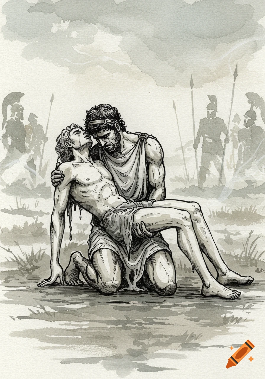 Pen and watercolor illustration of Achilles kneeling and cradling the body of Patroclus in a field with indistinct soldiers in the background.