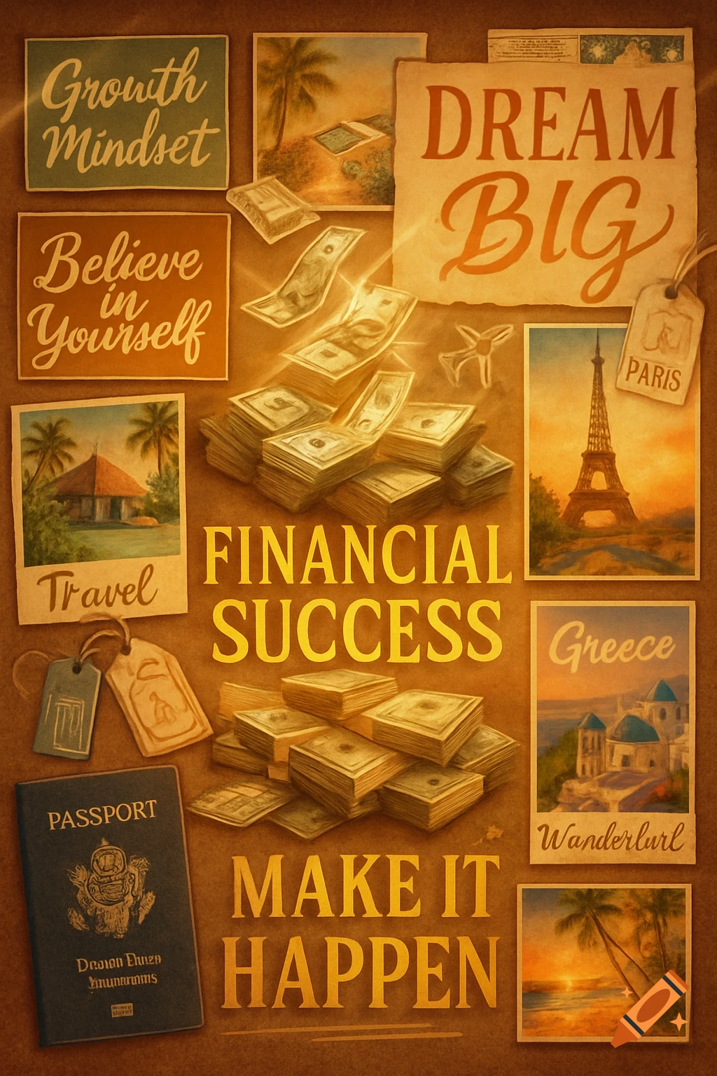 A vintage-style vision board features stacks of money, inspirational quotes like 'Growth Mindset' and 'Dream Big', and travel postcards of Paris, Greece, and a tropical beach.