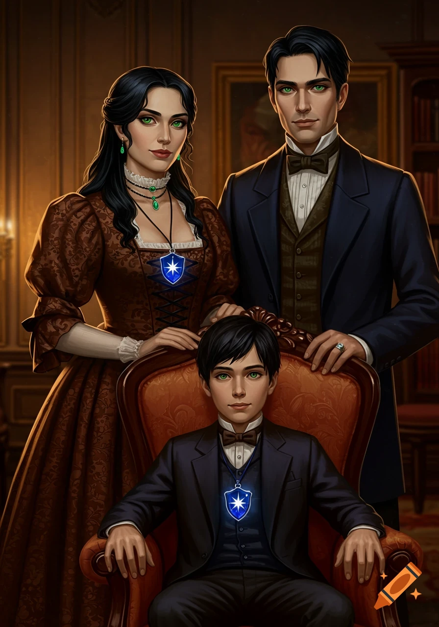 A Victorian family portrait: a man and woman stand behind a young boy sitting in a chair. All wear glowing blue shield pendants.