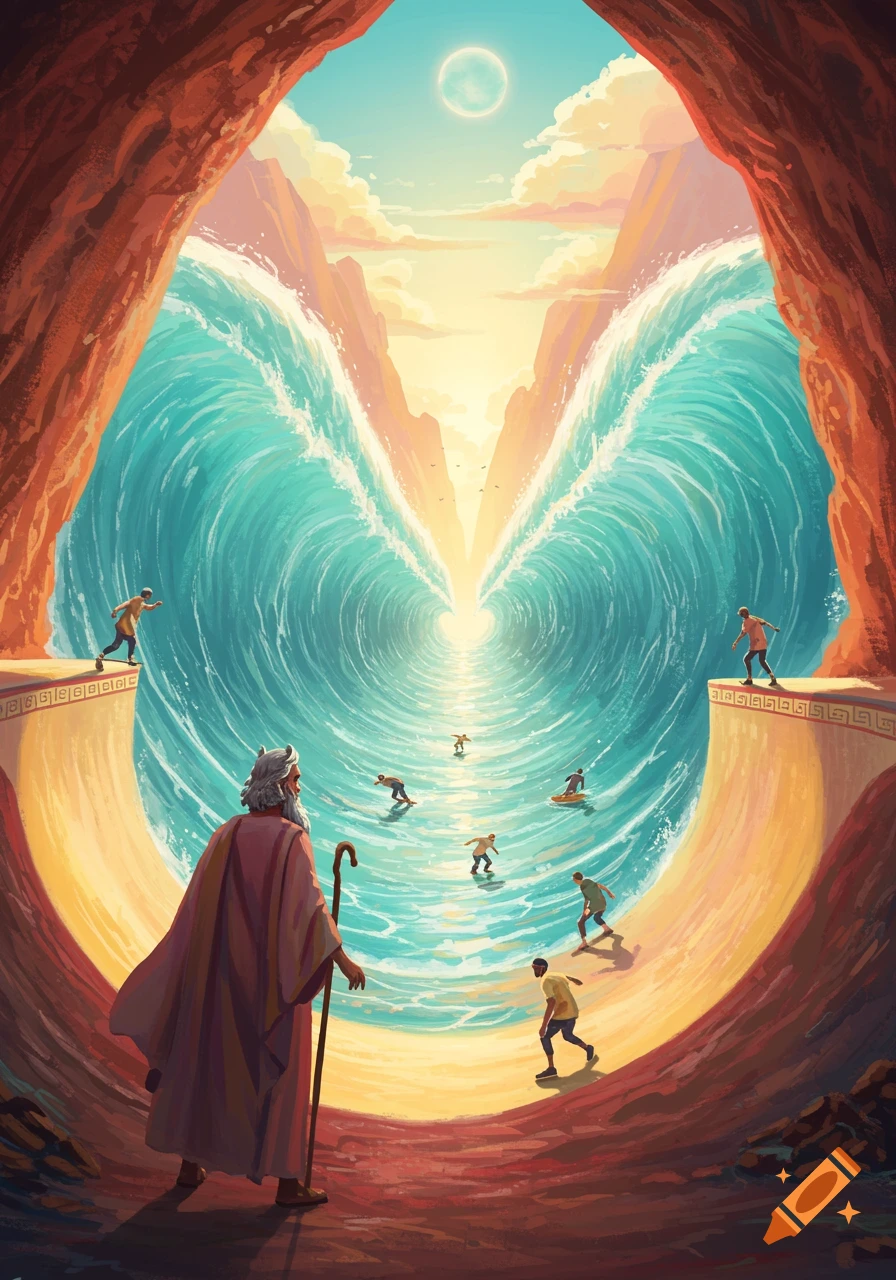 Moses stands in a cavern overlooking a parted sea forming a half-pipe, with skaters riding the waves under a bright sky.