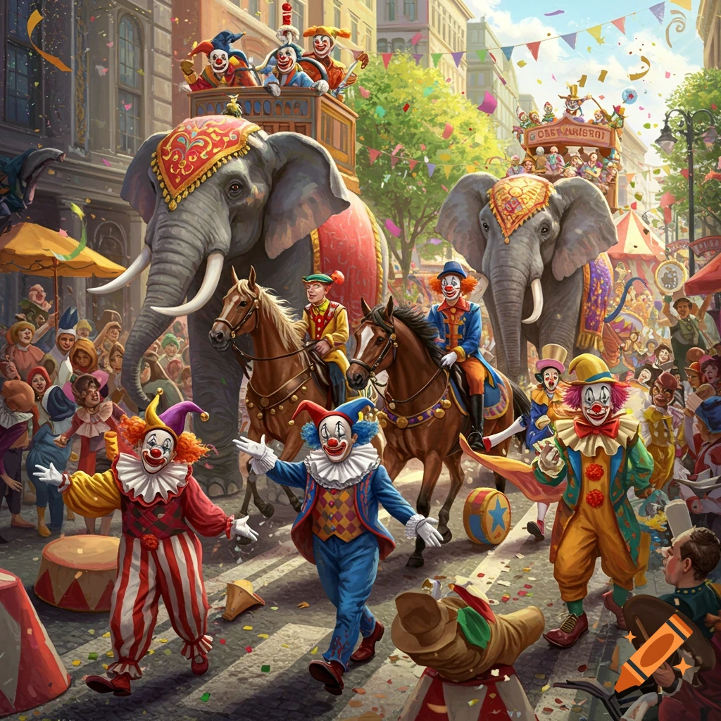 A vibrant circus parade with colorful clowns, elephants, and horses moving down a city street with a cheering crowd.
