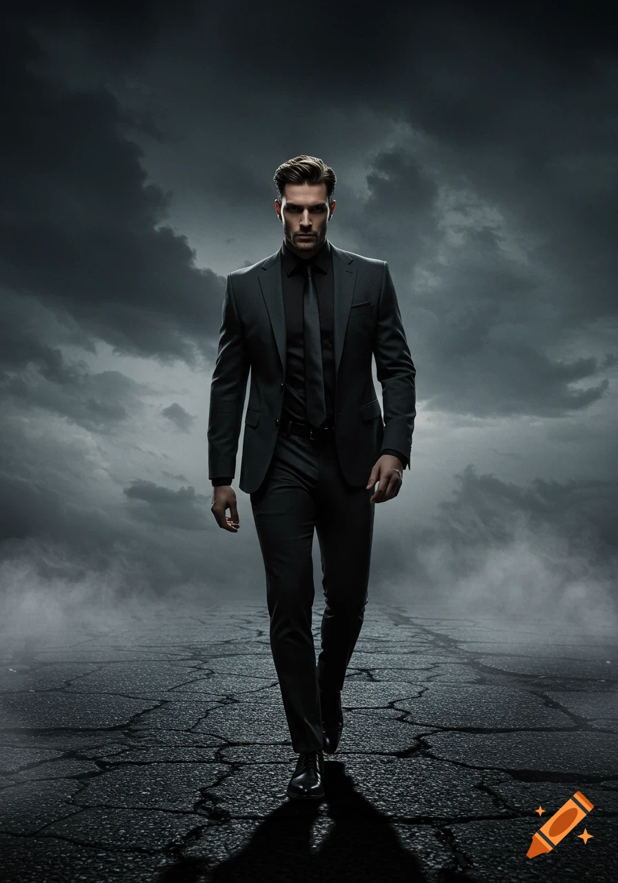 A dashing man in a dark suit walks towards the viewer on a cracked road under a stormy, dark sky. Photorealistic style.