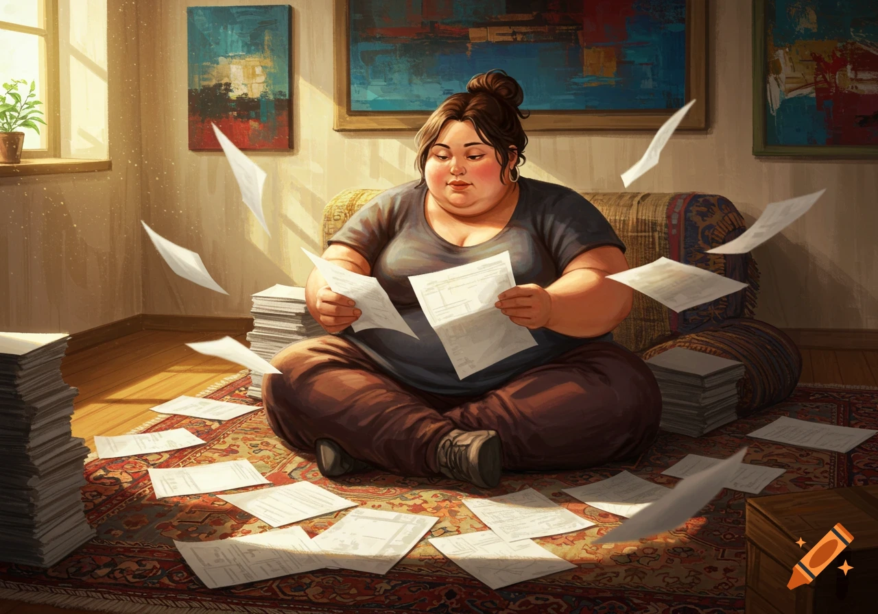 A plump woman sits cross-legged on a rug amidst a large pile of papers, looking at documents in a sunlit room.