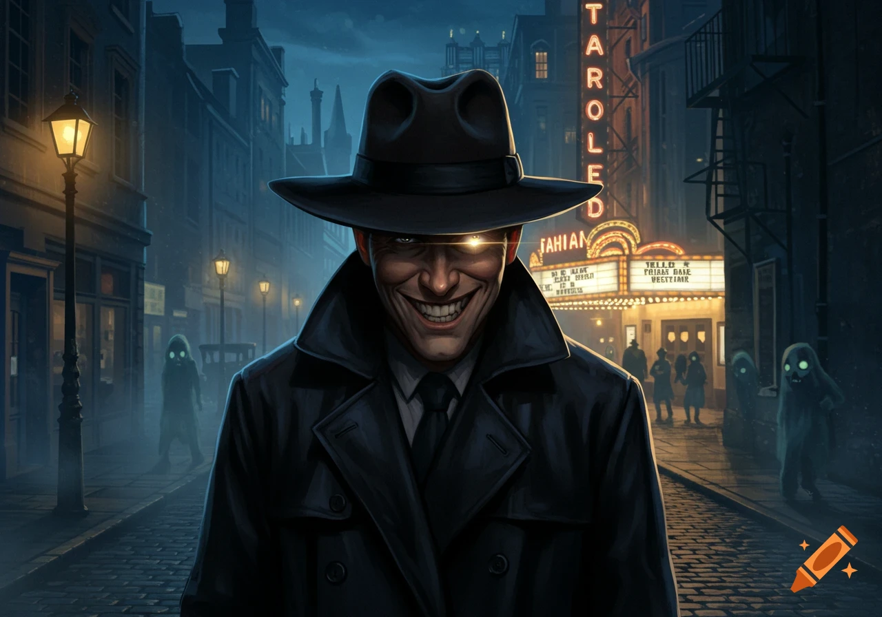 A sinister man in a fedora and trench coat grins with glowing eyes on a dark, rainy city street with eerie figures and a theater.