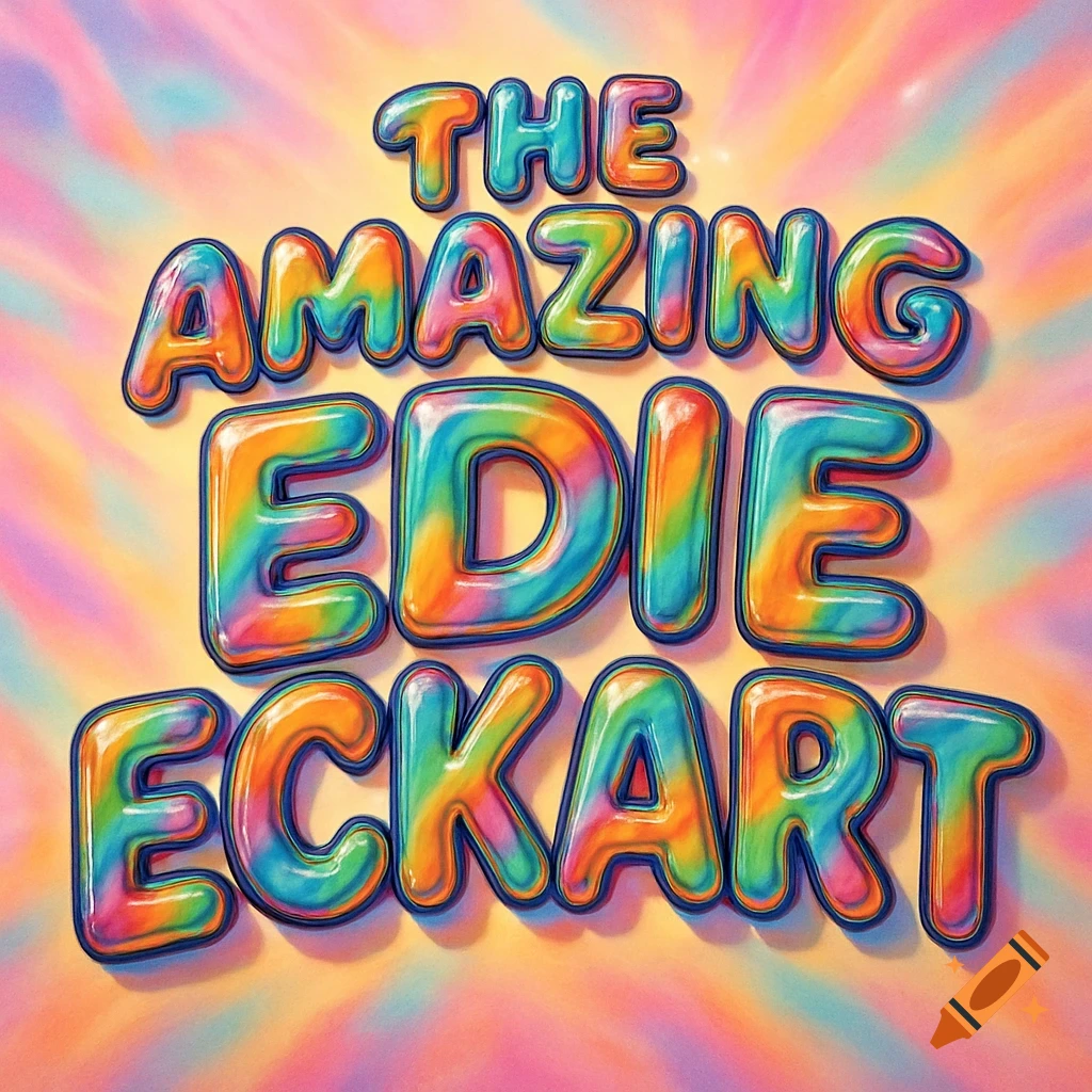 Colorful bubble letters spell 'The Amazing Edie Eckart' against a pastel gradient background.