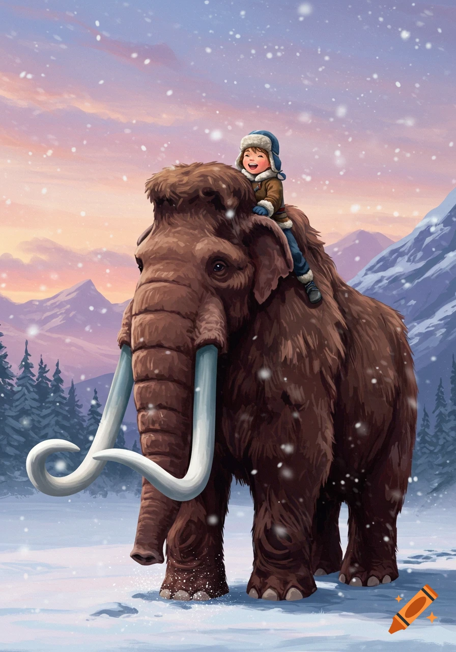 A happy child in winter clothing rides on the back of a large, brown woolly mammoth through a snowy mountain landscape at sunset.
