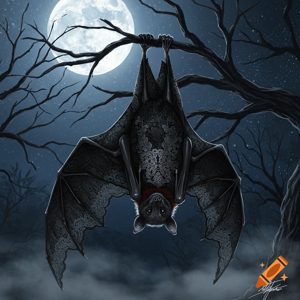 A gothic lace vampire bat hangs upside down from a bare tree branch under a full moon in a dark, starry night sky. Stylized art.