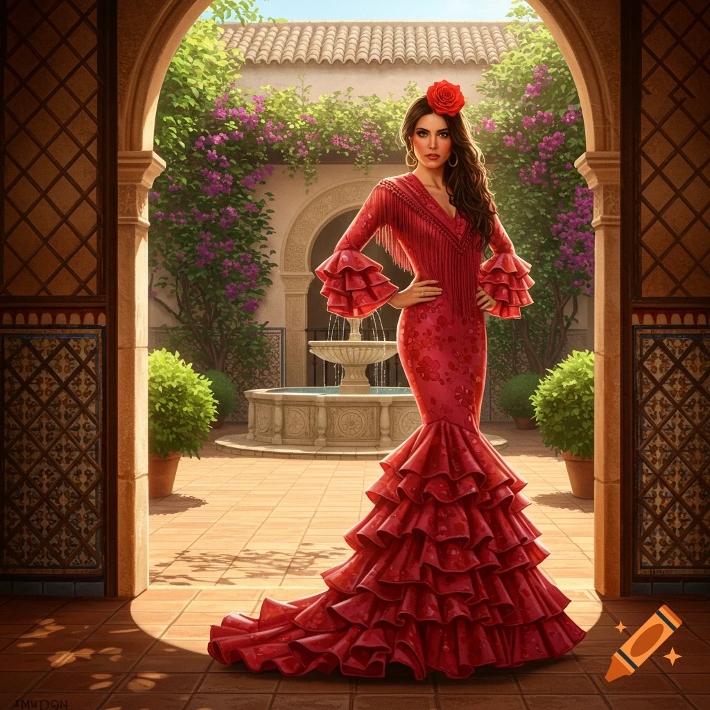 A woman in a vibrant red ruffled flamenco dress stands in a sunny Spanish courtyard with a fountain and archway.