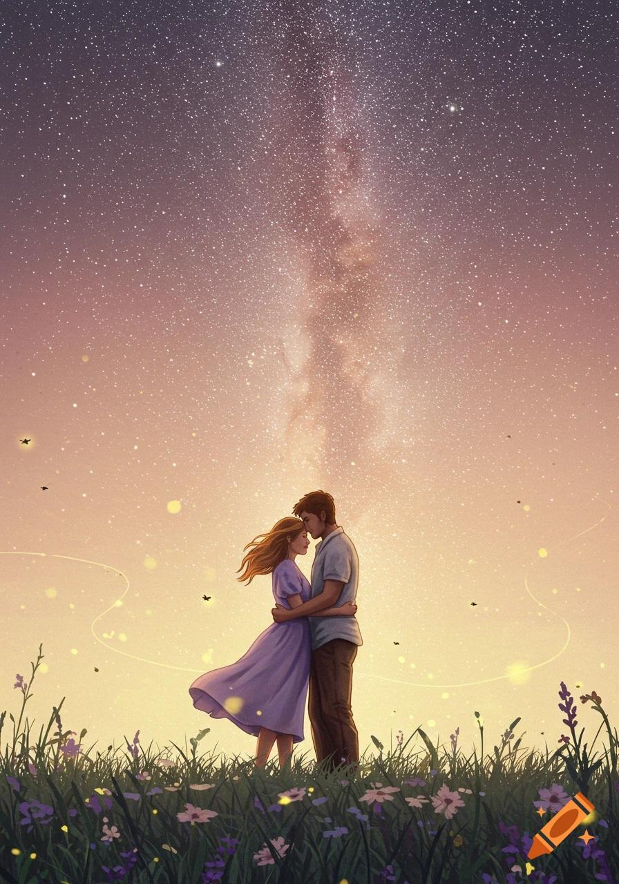 A romantic couple embraces in a field of flowers under a dazzling starry sky with glowing fireflies, digital painting.