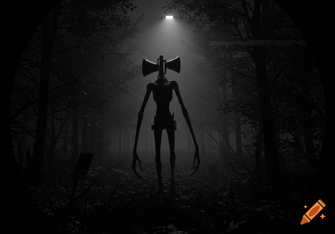 A tall, slender, shadowy figure known as Siren Head with two large sirens for a head stands in a dark, foggy forest at night, illuminated by a single overhead light, with subtle digital glitches suggesting a CCTV feed.