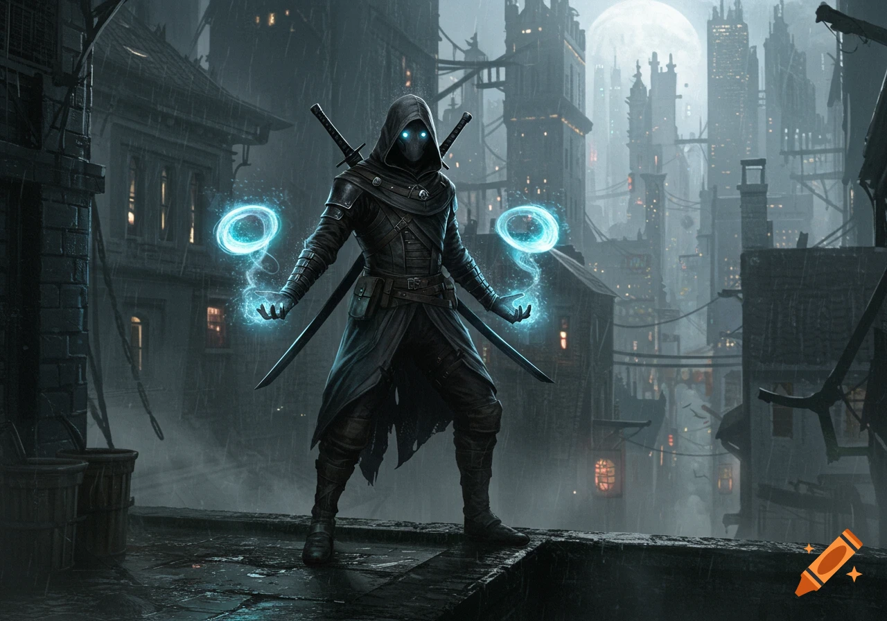 A hooded rogue with glowing blue eyes and two swords stands on a wet rooftop, casting blue psychic energy in a dark, rainy, futuristic city.