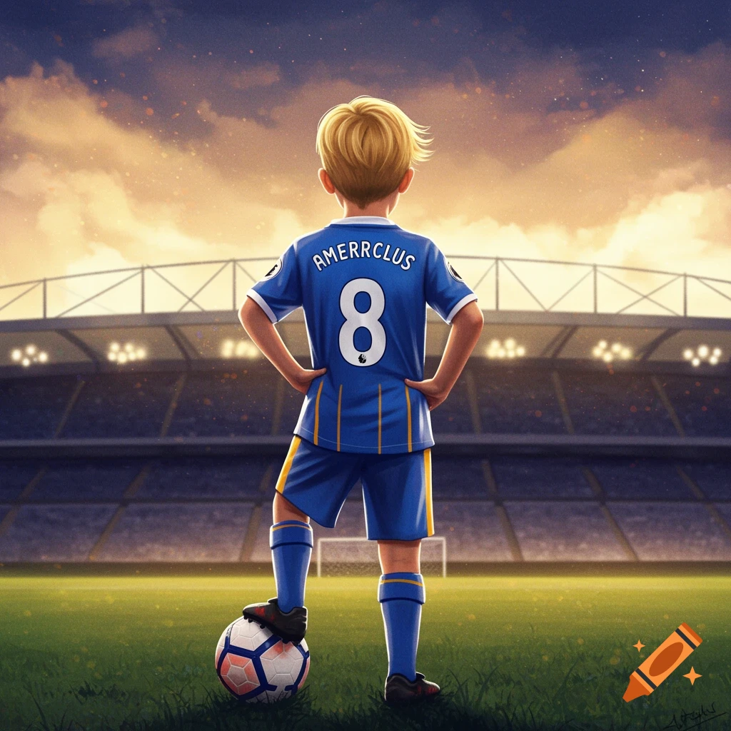 A blond boy in a blue soccer uniform with number 8 on his back stands with a football on a field, looking at a stadium at sunset. Artistic illustration.