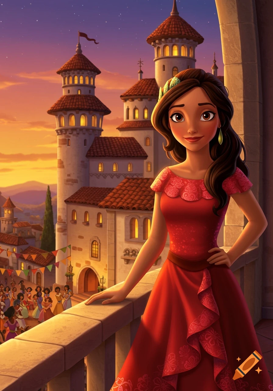 Animated Elena of Avalor stands on a balcony overlooking a festive town and castle at sunset.