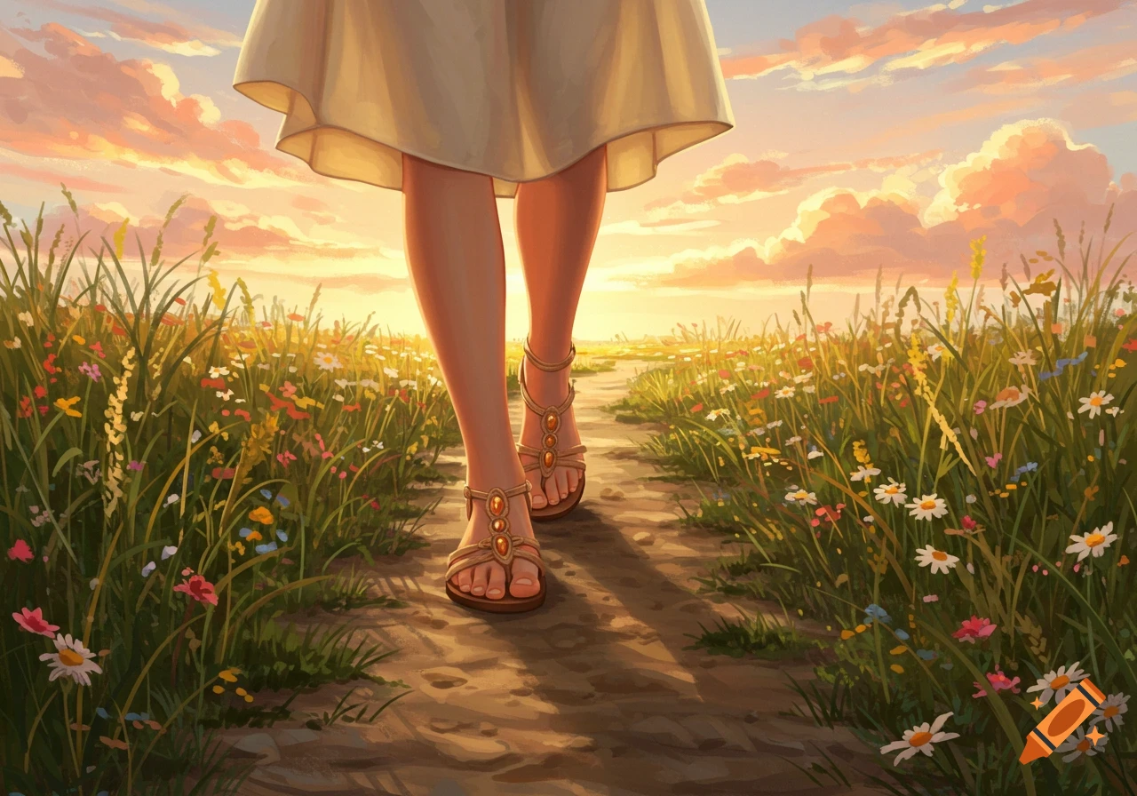 Close-up of a person's legs and feet wearing sandals, walking on a dirt path through a field of wildflowers at sunset.