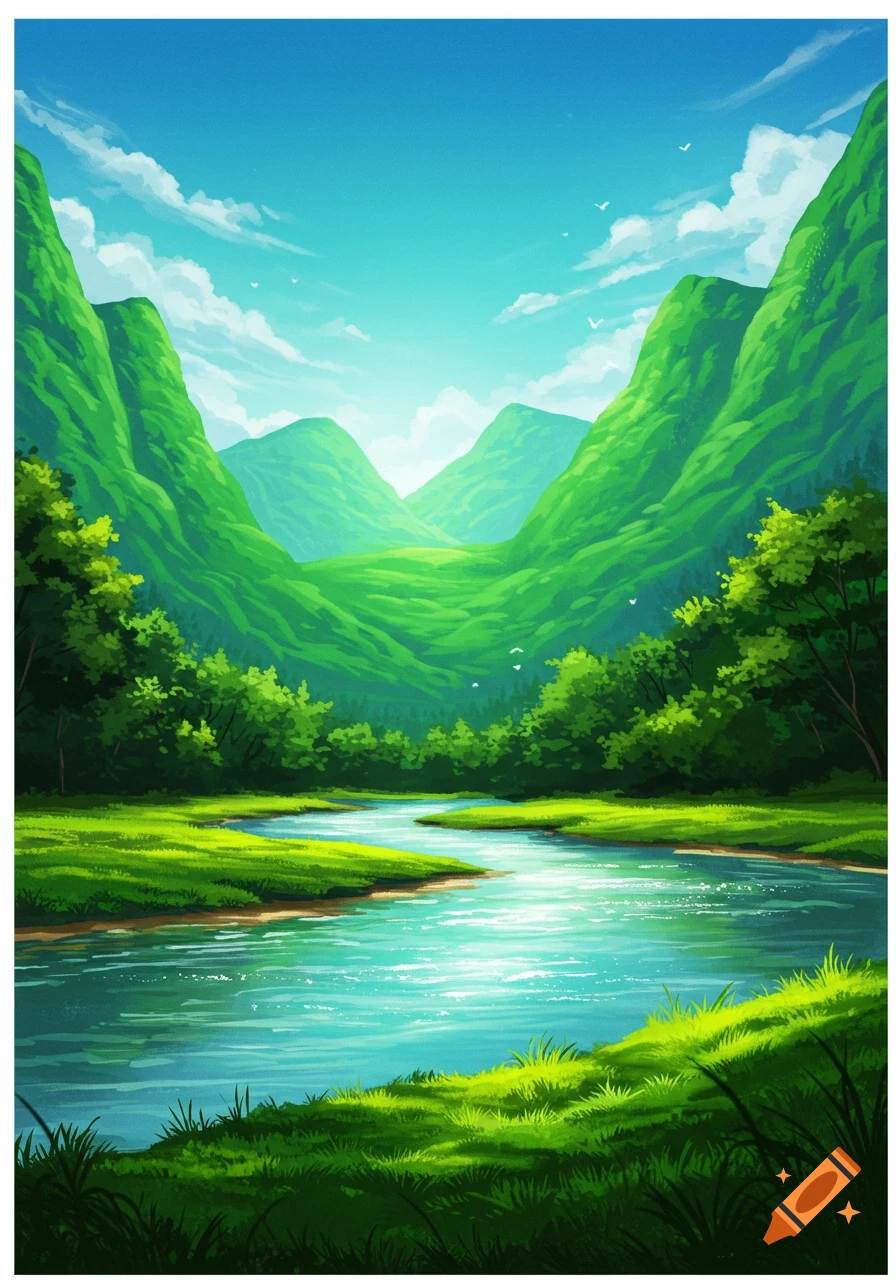 A vibrant anime-style landscape with lush green mountains, a winding river, and a bright blue sky with white clouds.