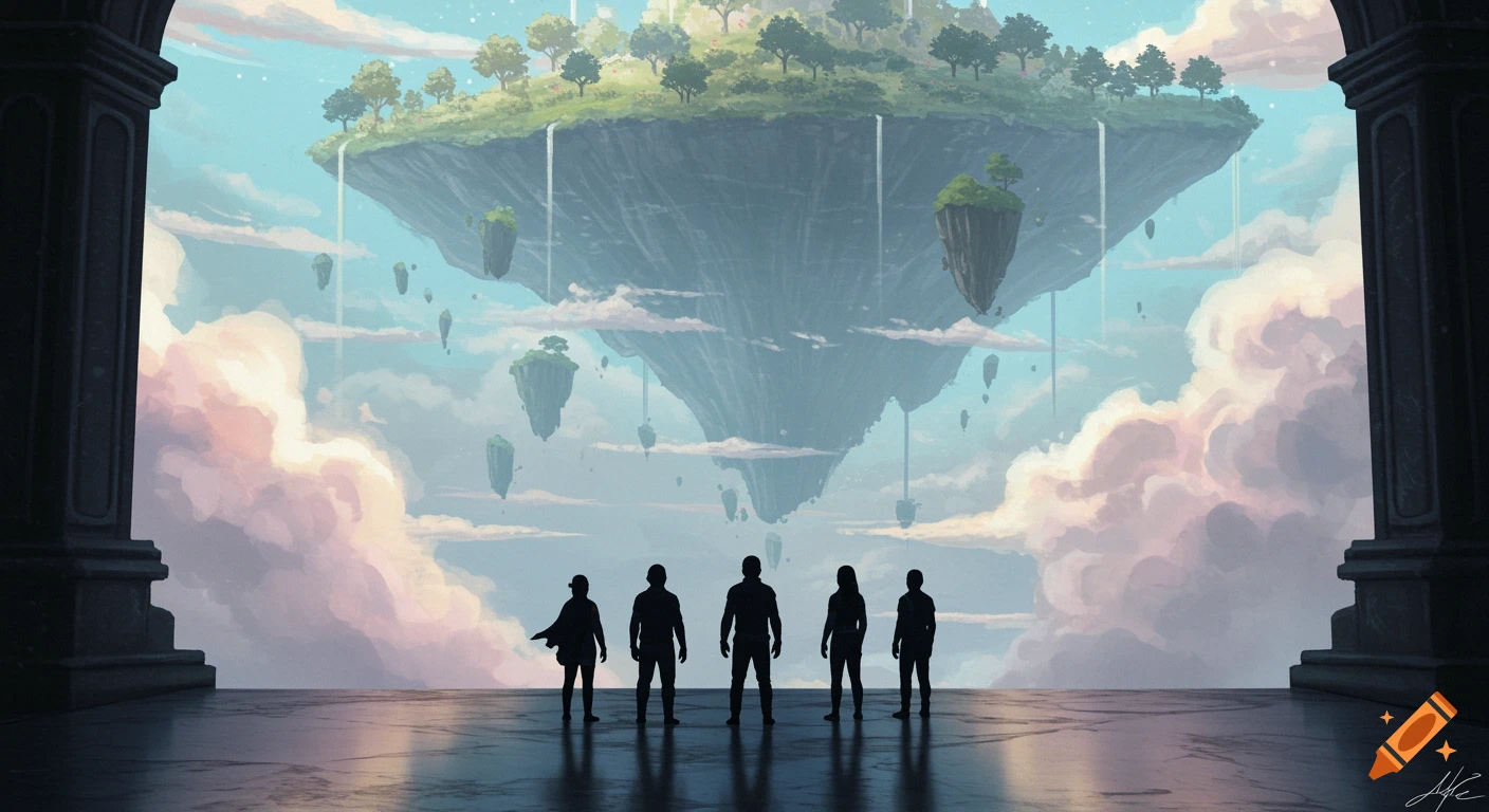 Five silhouetted figures stand on a marble floor looking up at a massive floating island with trees and waterfalls in a cloudy sky.