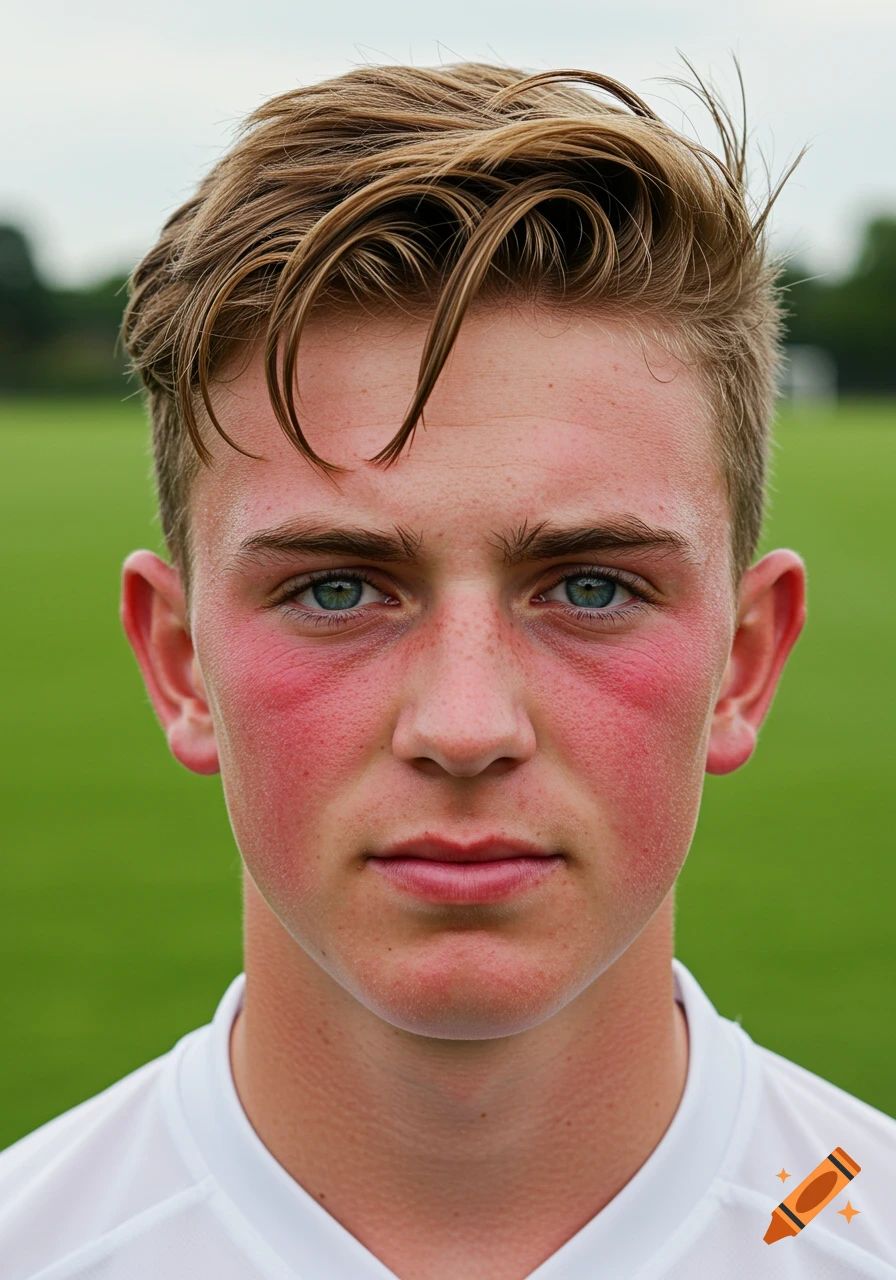 Close-up portrait of a young male with a flushed face and messy brown hair, green sports field in the background.