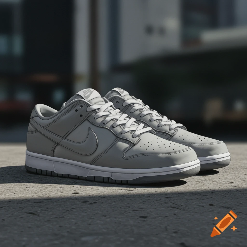 Photorealistic image of a pair of grey Nike Dunk Low sneakers resting on concrete pavement.