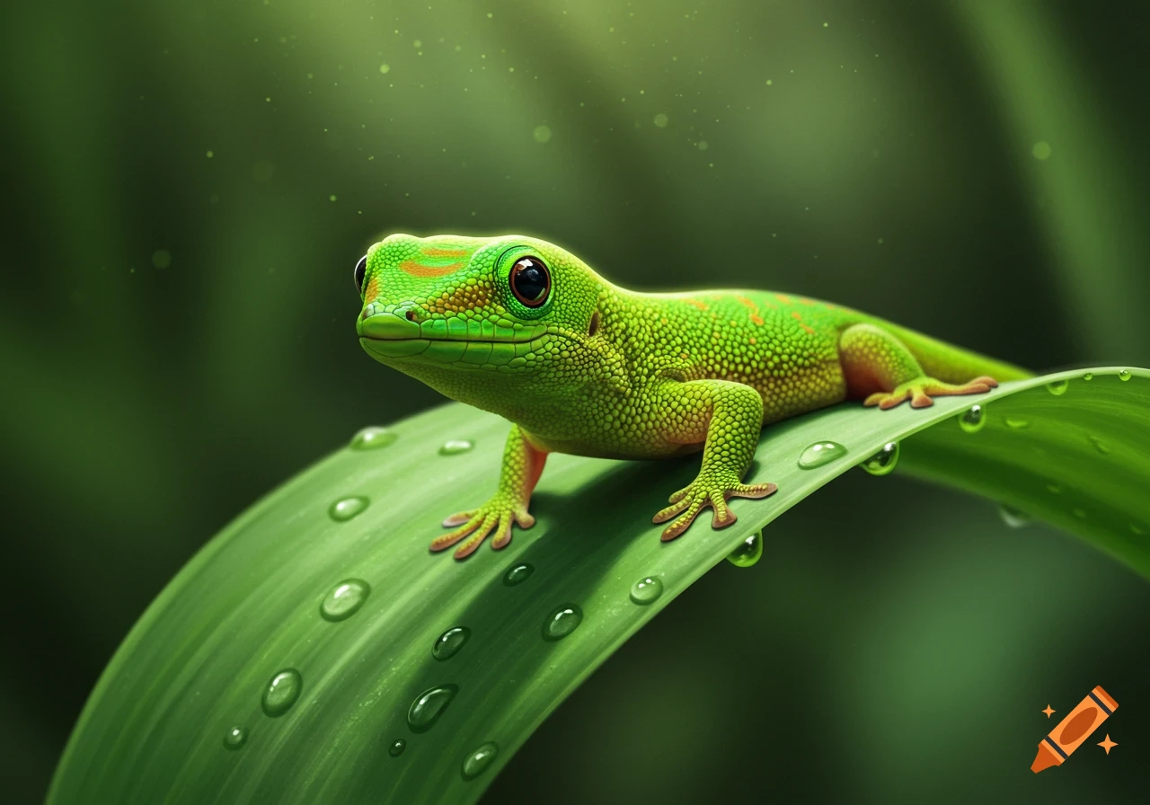 A photorealistic close-up of a vibrant green gecko with large eyes, resting on a wet green leaf with water droplets.
