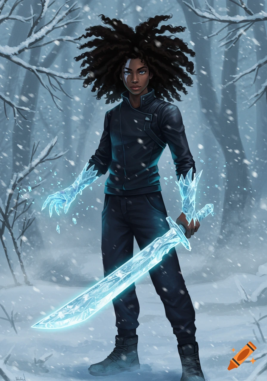A dark-skinned character with large curly hair and ice powers, holding an ice sword in a snowy forest.