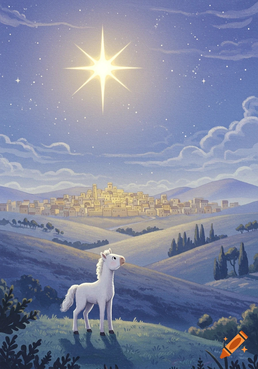 Watercolor illustration of a white horse gazing at a radiant star above a glowing city at night.