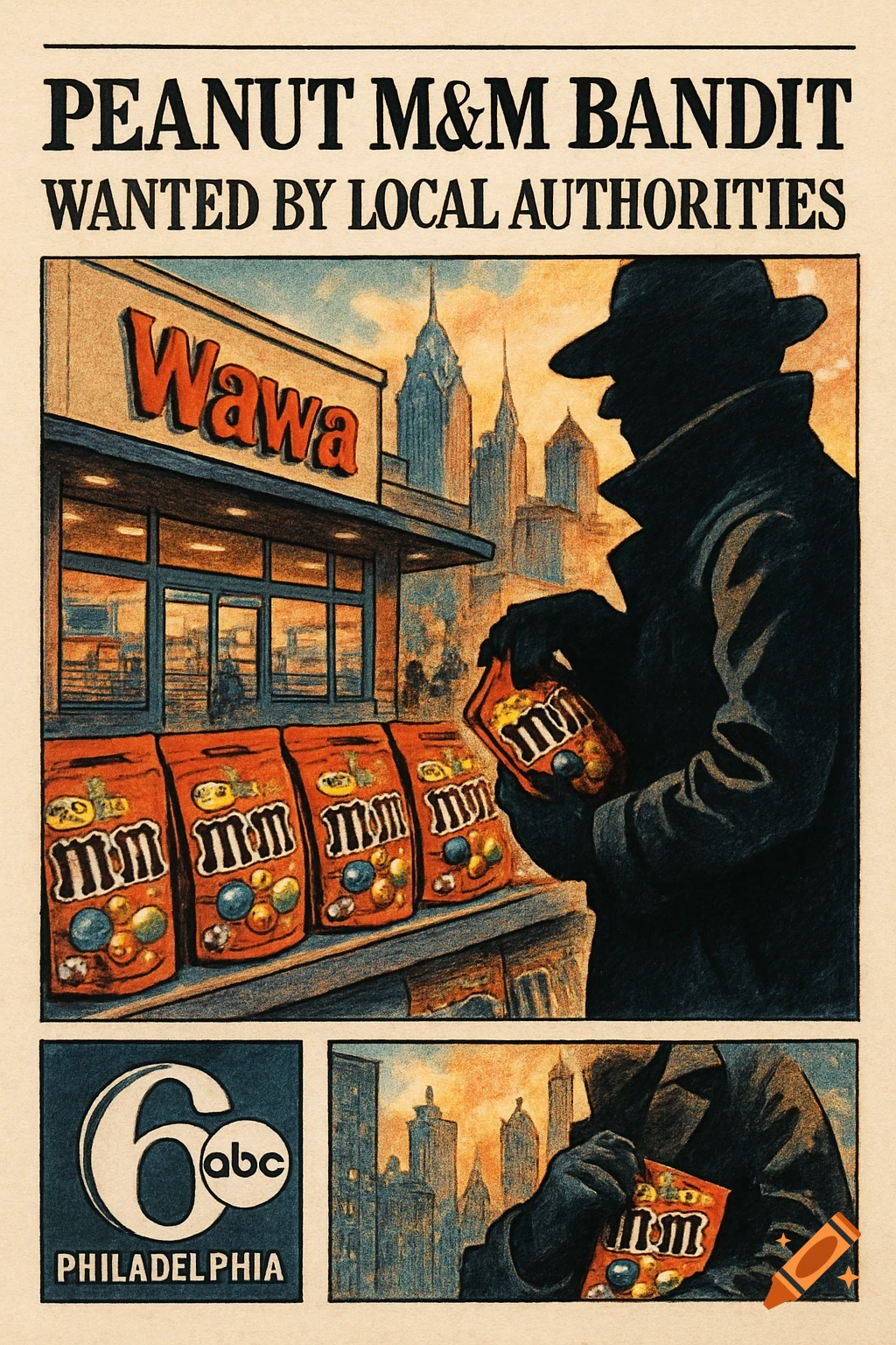 A vintage-style news wanted poster shows a silhouette of a bandit holding M&Ms outside a Wawa store with a city skyline. The headline reads 'PEANUT M&M BANDIT'.