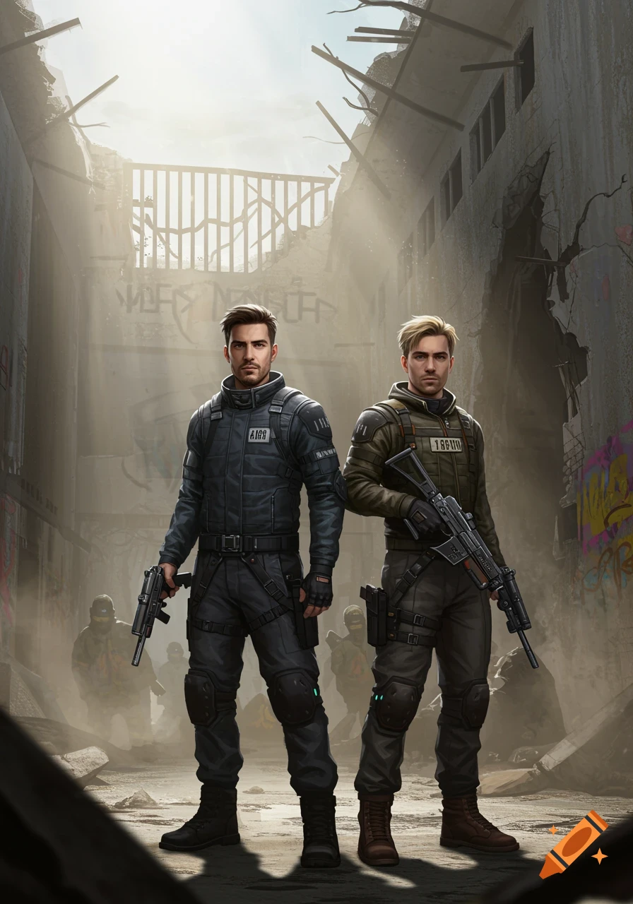Two male soldiers in tactical gear with weapons stand in a ruined, dusty cityscape.