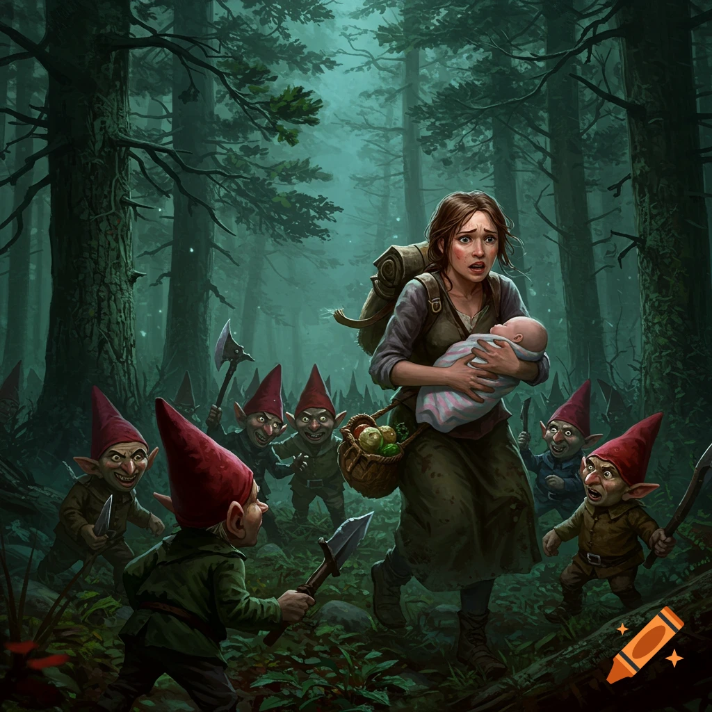 A distressed woman with a baby runs through a dark forest, surrounded by menacing gnomes with weapons. Realistic fantasy art.