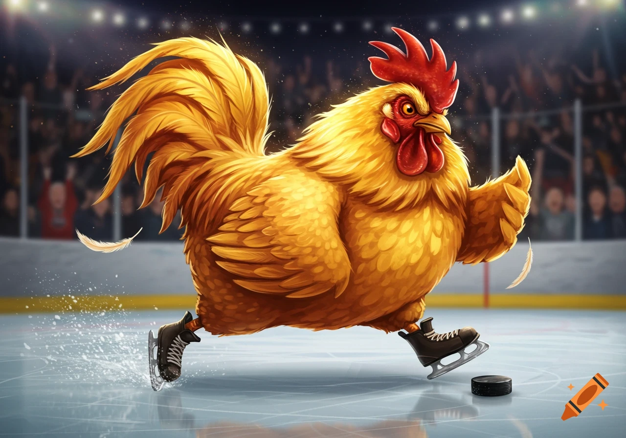 A detailed illustration of a fat golden rooster wearing ice skates and playing hockey on an ice rink in an arena.