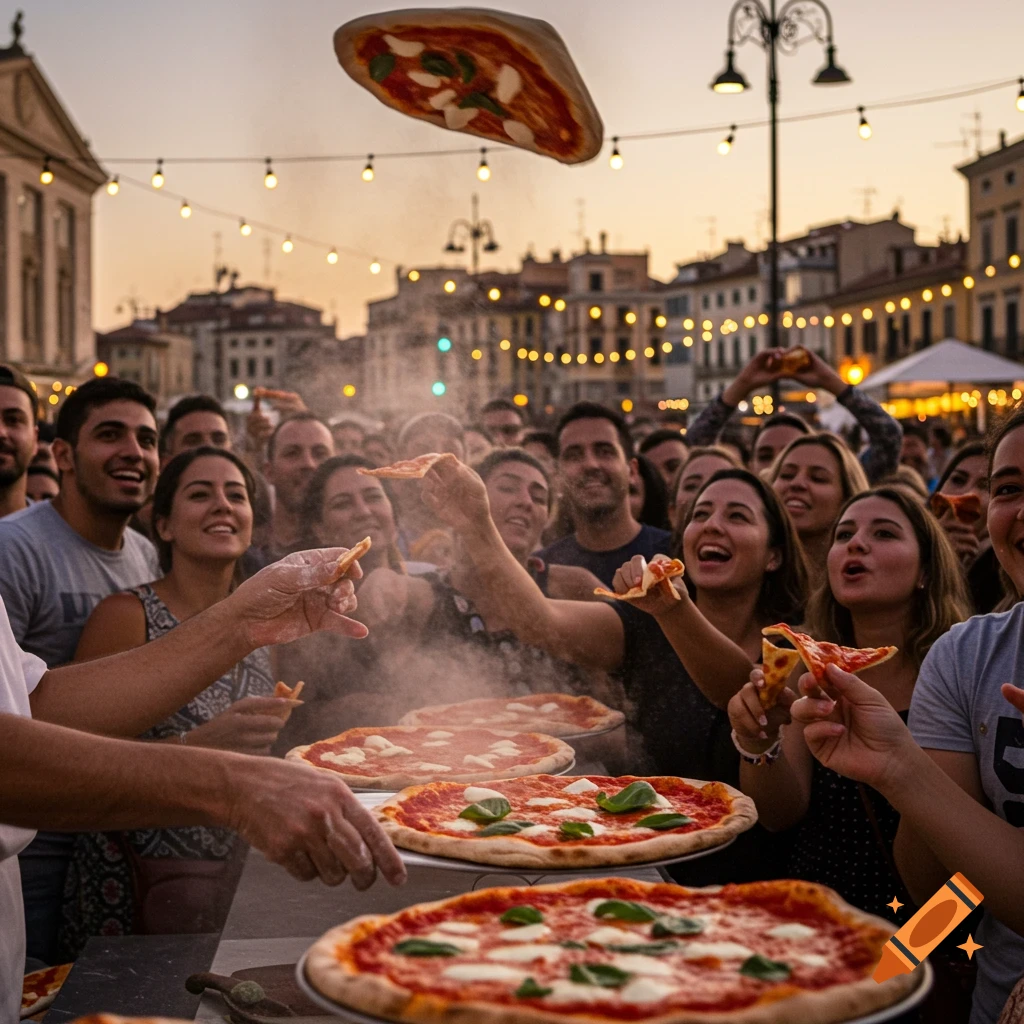 A lively crowd at an outdoor pizza festival at dusk, with several pizzas on tables and one tossed in the air.