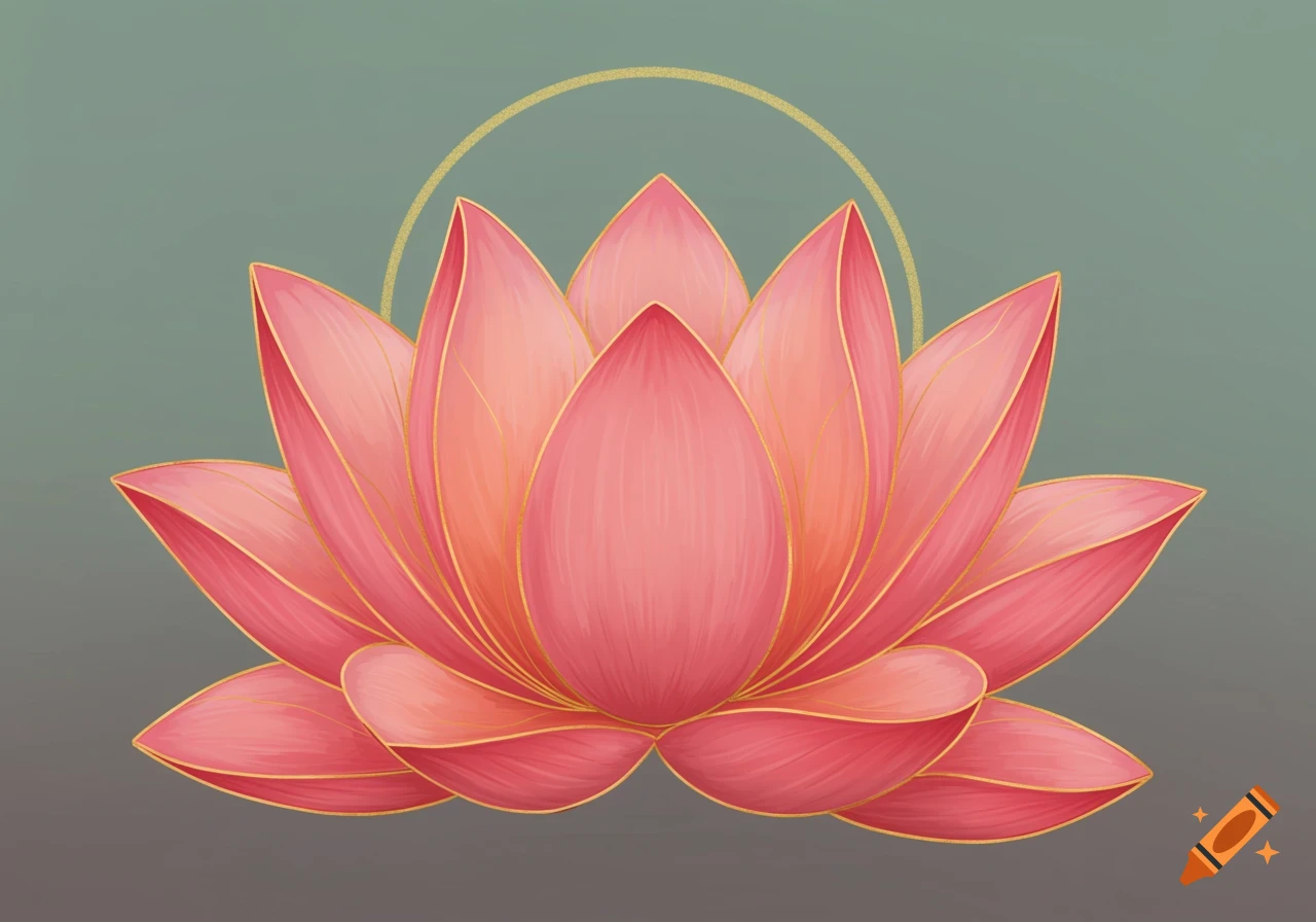 A stylized pink lotus flower with gold outlines and a gold halo on a muted green and grey background.