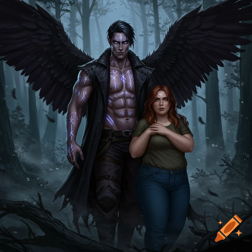 A muscular man with large black wings and glowing runes on his body stands protectively next to a woman with auburn hair in a dark, misty forest.