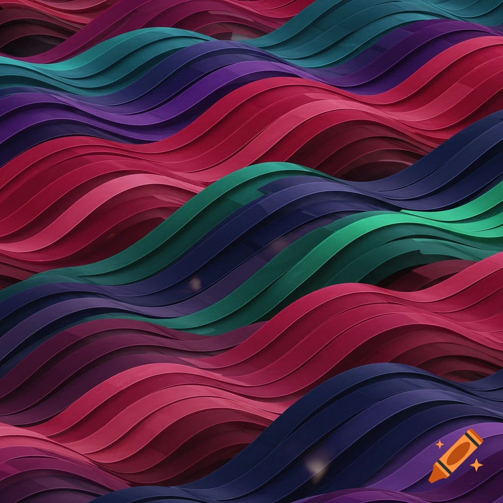 Abstract background of wavy, layered bands in shades of red, purple, teal, and blue.
