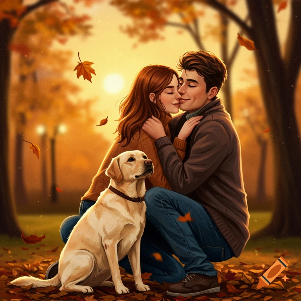 An illustration of a couple sharing a gentle kiss while hugging in an autumn park, with a yellow Labrador sitting by their feet.