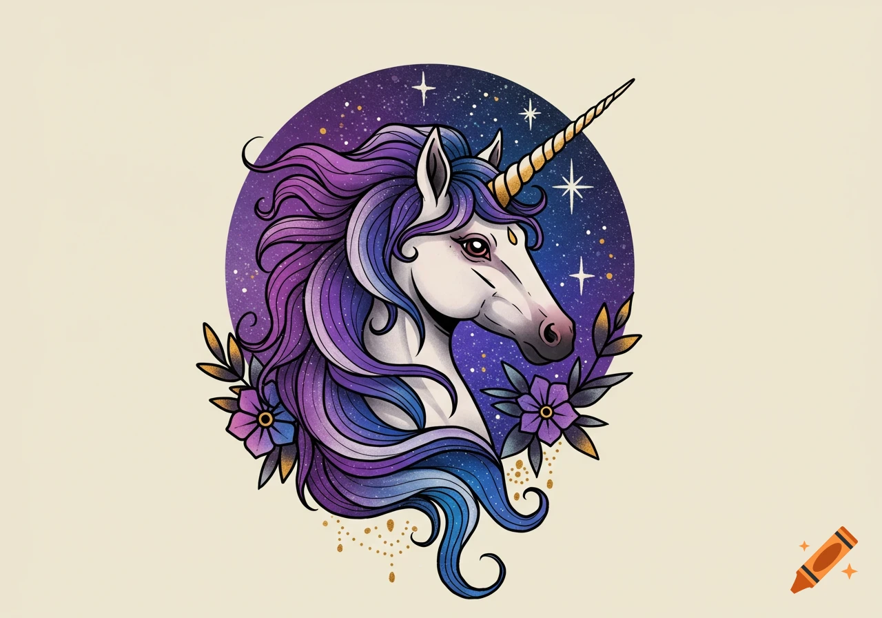 A traditional tattoo style illustration of a white unicorn with a purple and blue mane, golden horn, and flowers, against a starry cosmic background.