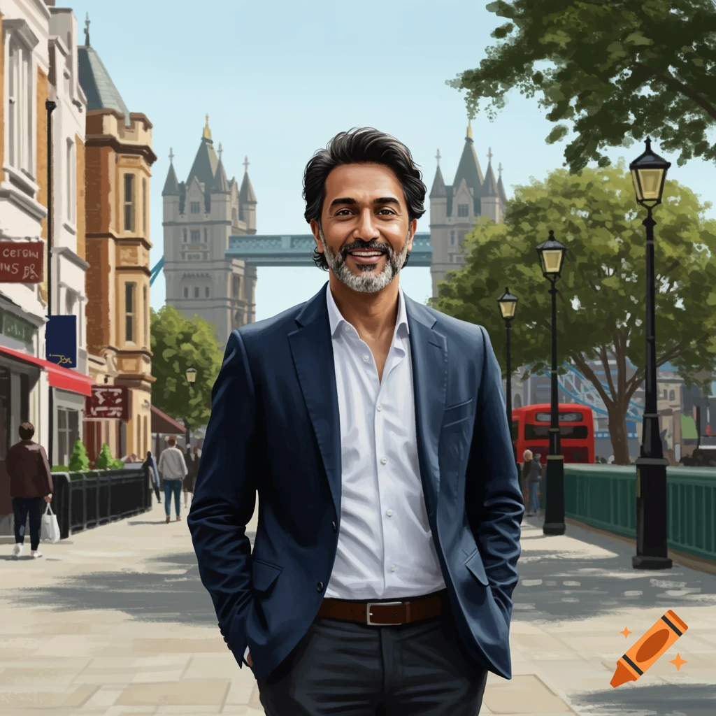 A smiling man with dark hair and a beard, dressed in a navy suit, stands on a street in London with Tower Bridge visible in the background.