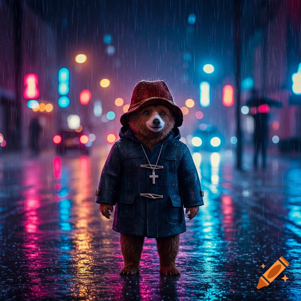 A photorealistic Paddington Bear in a black coat, red hat, and cross necklace stands in a rainy city street at night.