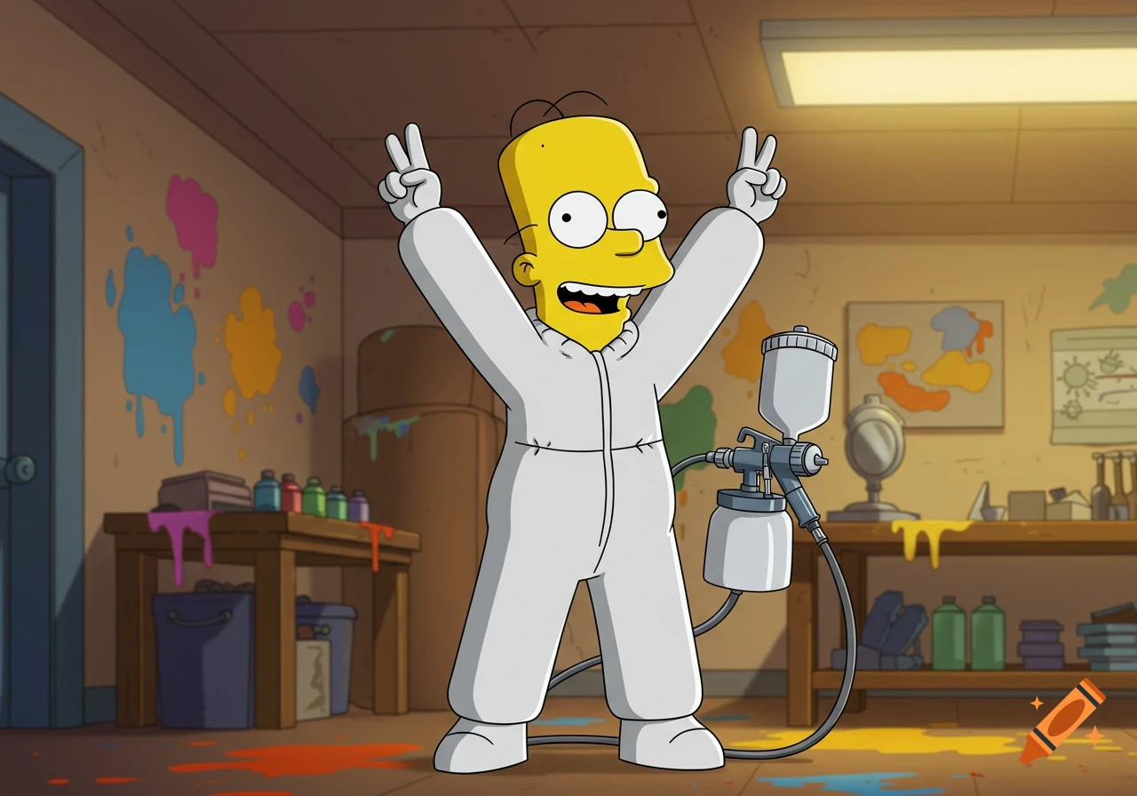 Bart Simpson in a white paint suit raises his arms in victory in a paint-splattered room, holding a spray gun.