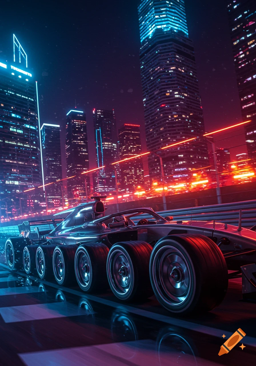 A futuristic, multi-wheeled F1-style race car speeds through a neon-lit city at night, with glowing skyscrapers and streaking lights.
