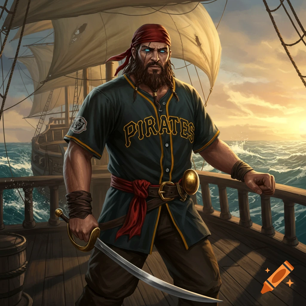 A rugged pirate wearing a Pittsburgh Pirates baseball jersey stands on a ship deck, holding a saber at sunset.