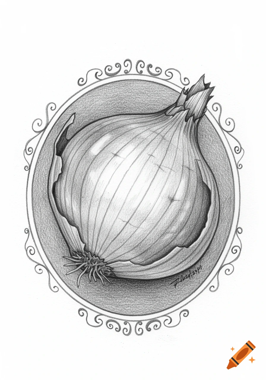 Detailed pencil sketch of an onion centered within a decorative circular frame on a white background.