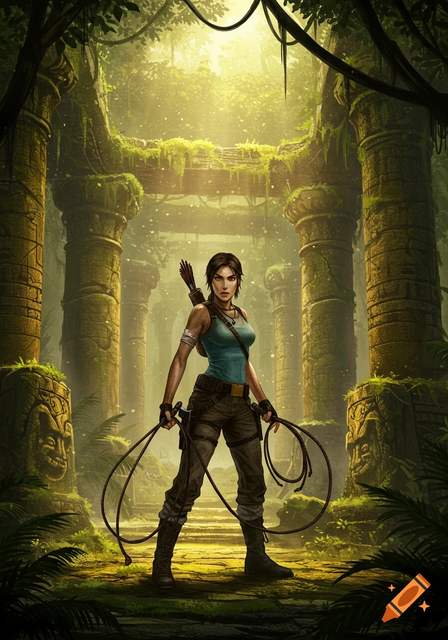 Lara Croft wielding whips in sunlit ancient jungle ruins, with ornate stone columns and lush foliage.
