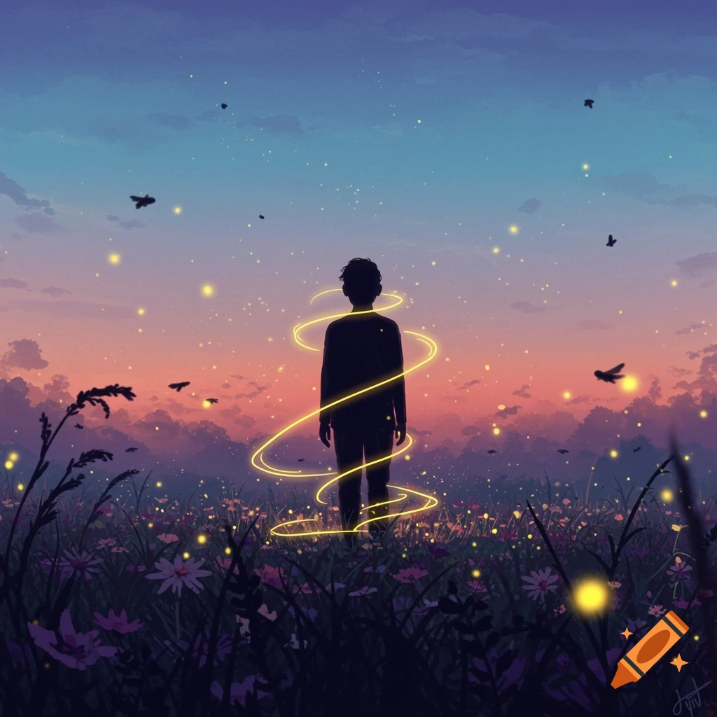 A silhouette of a person standing in a field of flowers at sunset, surrounded by glowing yellow lines and fireflies, in a stylized, ethereal art style.