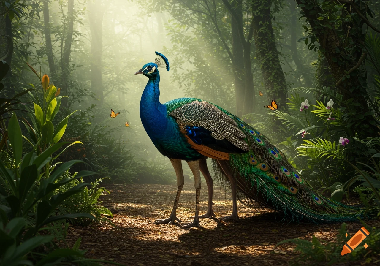 A photorealistic peacock with four legs stands on a dirt path in a misty, sunlit jungle with butterflies.