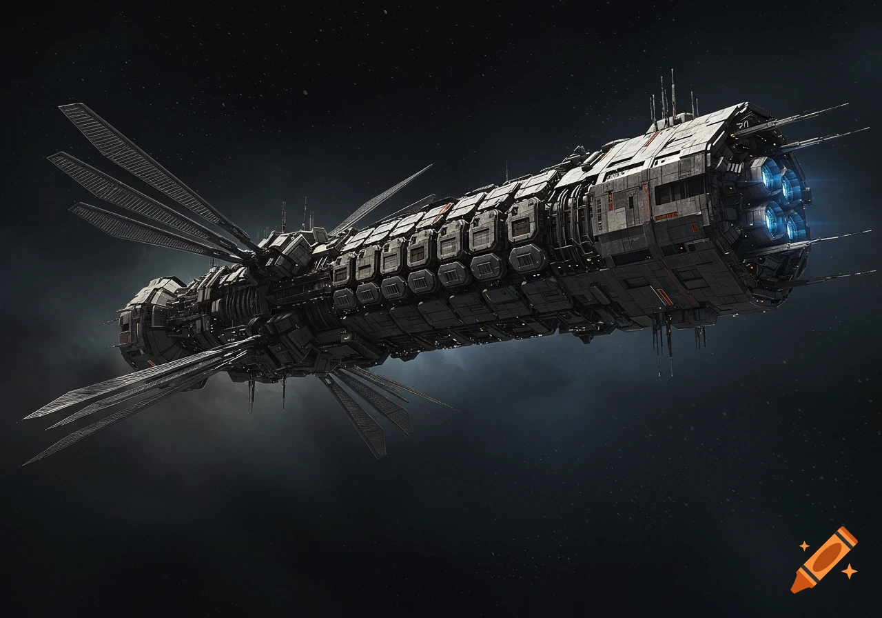 A detailed, dark gray industrial spaceship with large, flat wing-like structures and glowing blue engines, against a starry dark background.